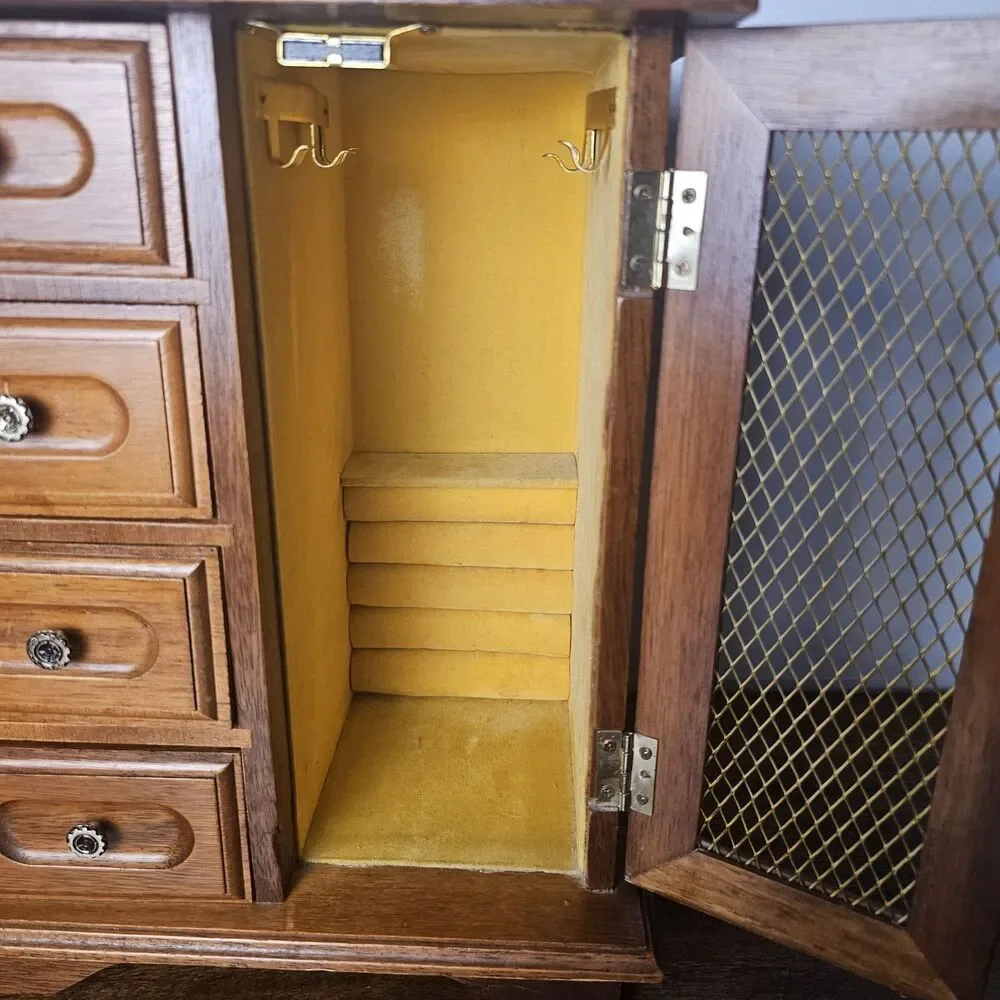 Vintage Musical Wooden Jewelry Armoire Box Gold Mesh Door Velvet Lined Necklace
